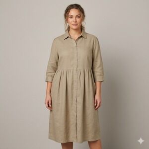 Jessica London Shirt Dress Women 16 Khaki Linen Blend Babydoll Lagenlook Coastal